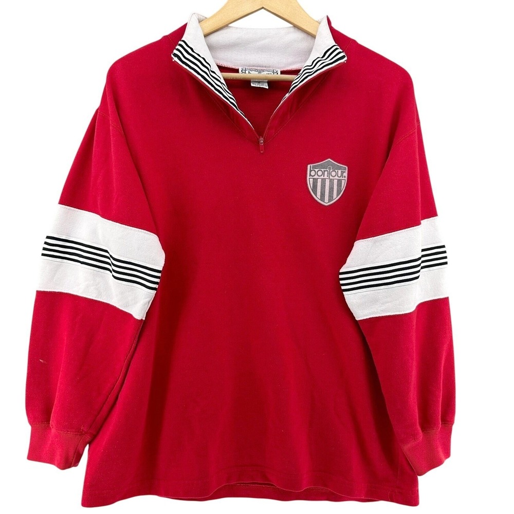 VTG Bonjour Rugby Pullover Sweatshirt Red Striped SZ M 80s 3/4 Zip Blokecore